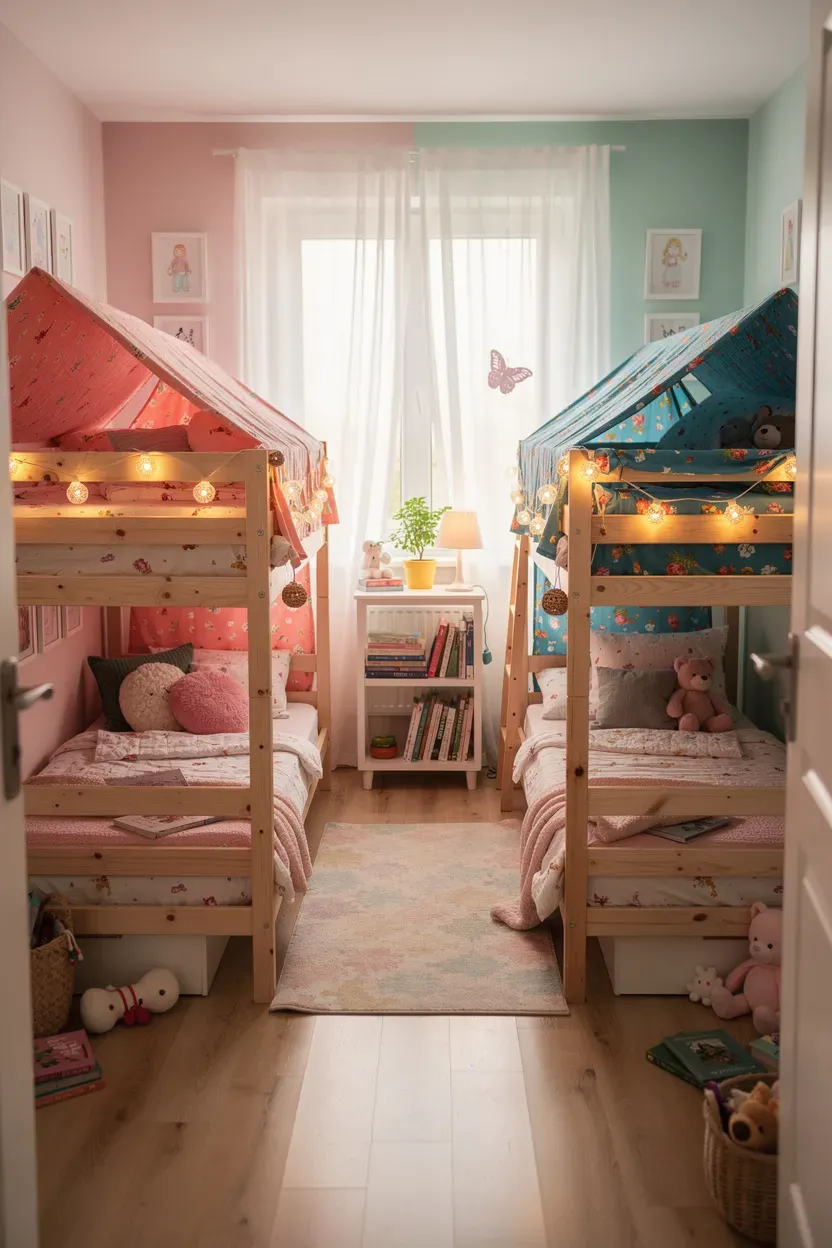 Cozy bedroom with two bunk beds and colorful canopies, showcasing individuality.