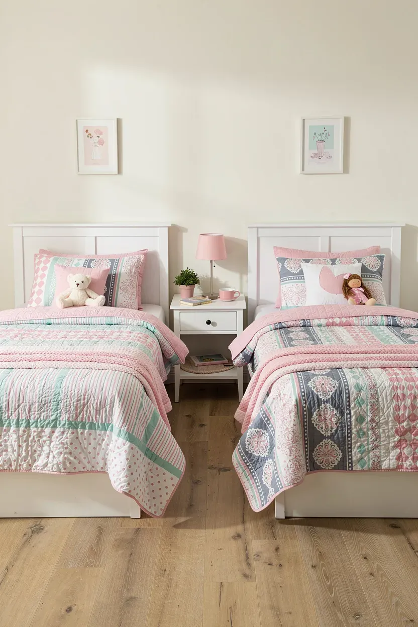 Stylish bedroom with twin beds featuring matching bedding sets in different patterns.