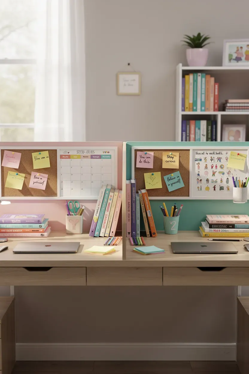 Shared study desk with personalized dividers and colorful stationery for two sisters.