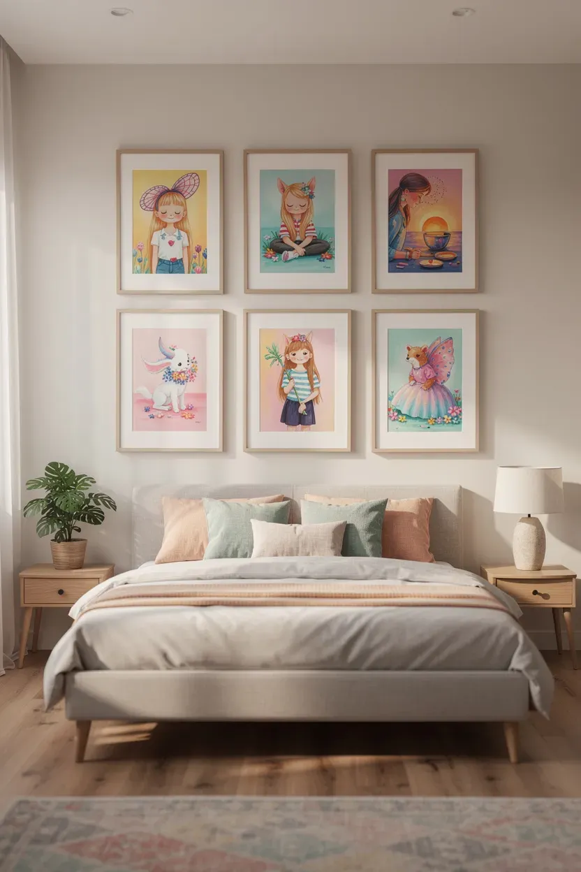 Gallery wall with matching frames showcasing different themed art for two sisters.