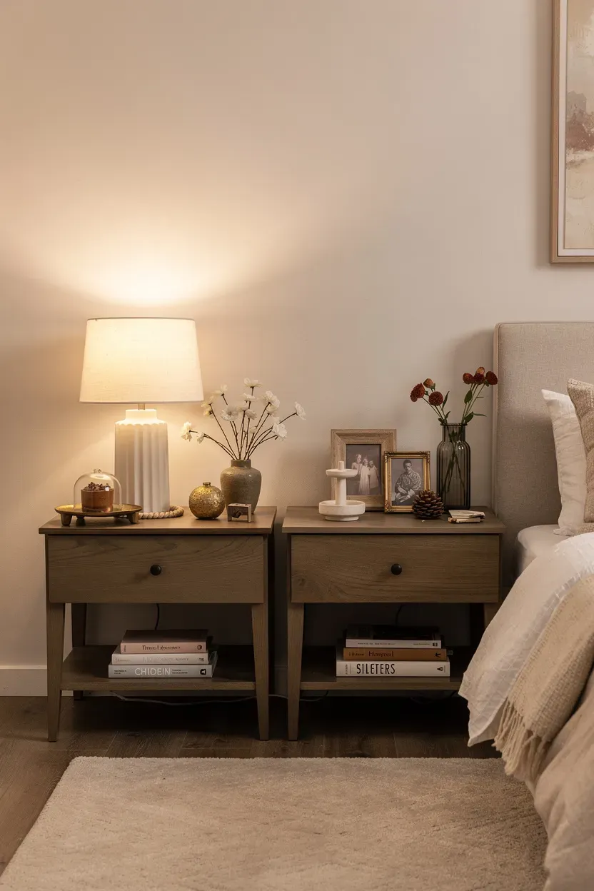 Two nightstands in a bedroom, each decorated with personal items reflecting individual styles.