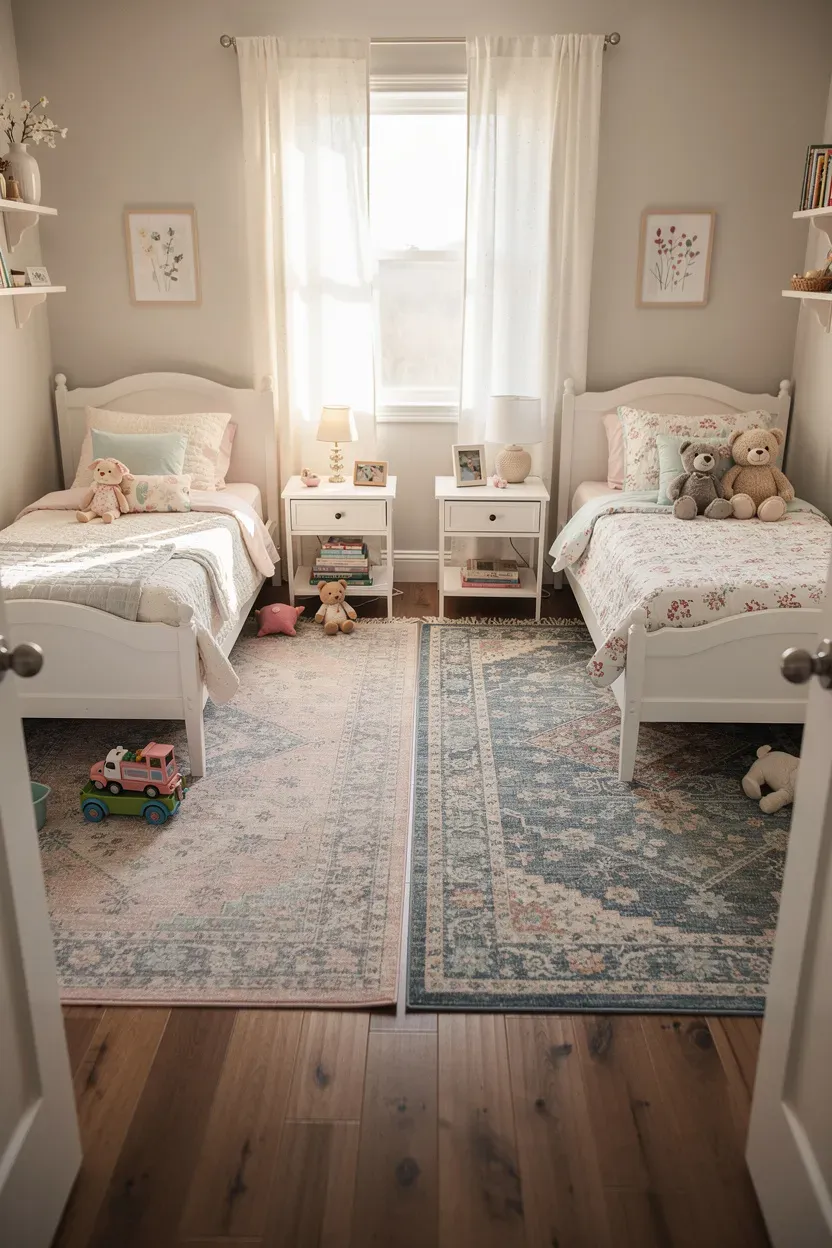 Cozy bedroom with area rugs defining personal zones for two sisters.