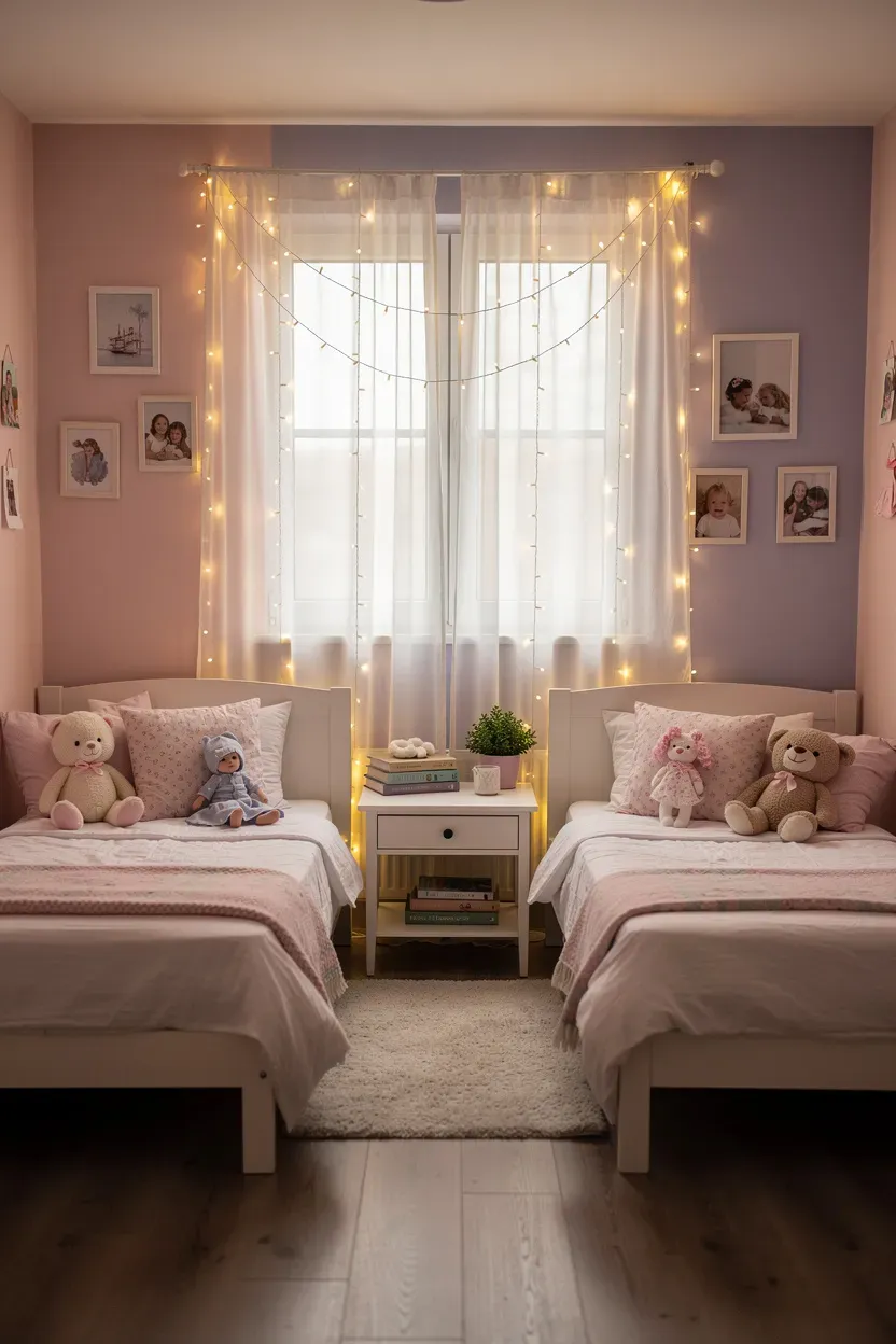 Charming bedroom illuminated with hanging fairy lights, creating a cozy atmosphere.