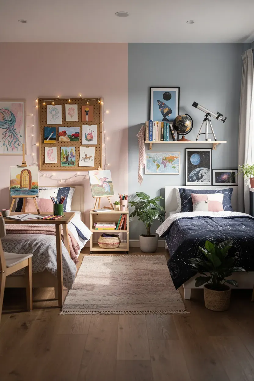 Bedroom decorated with themed decor reflecting the unique interests of two sisters.