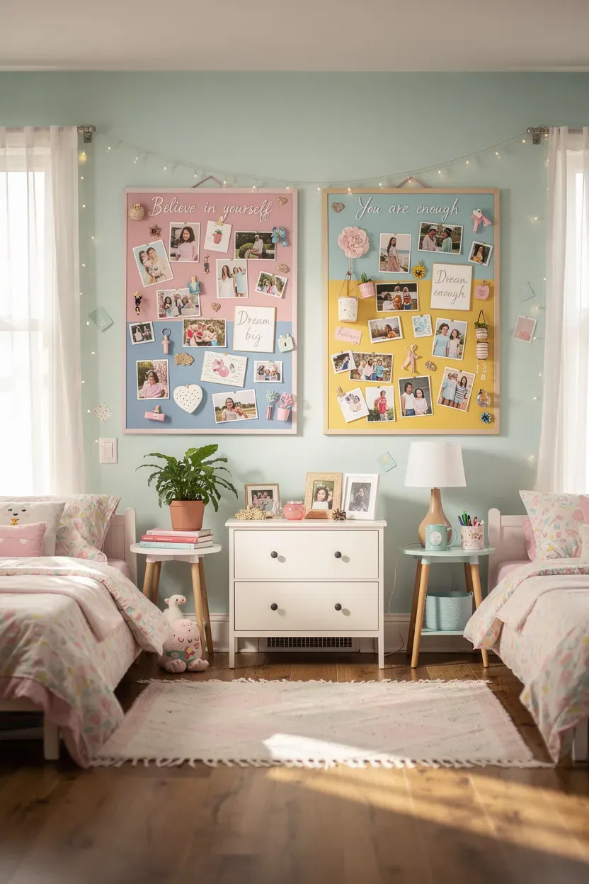Vibrant bedroom with personalized bulletin boards displaying photos and quotes.