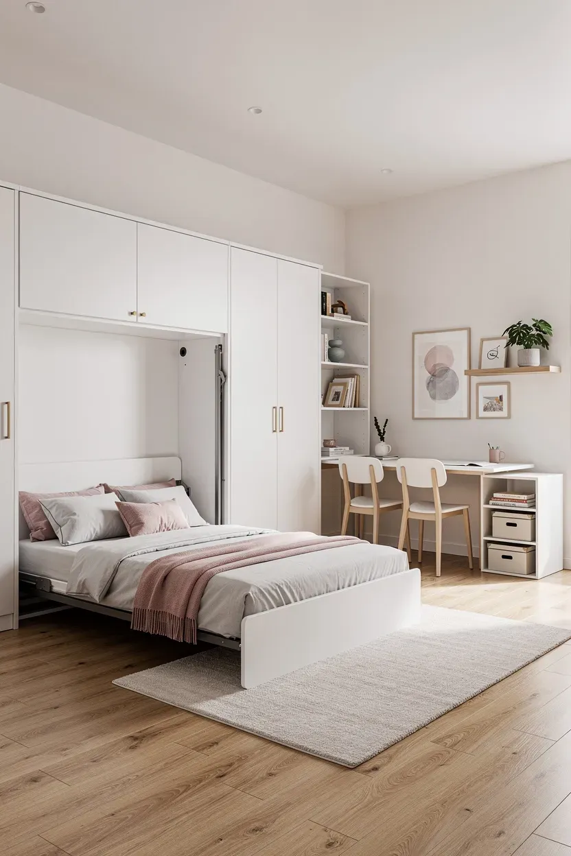 Stylish bedroom featuring a Murphy bed that folds away for space-saving.