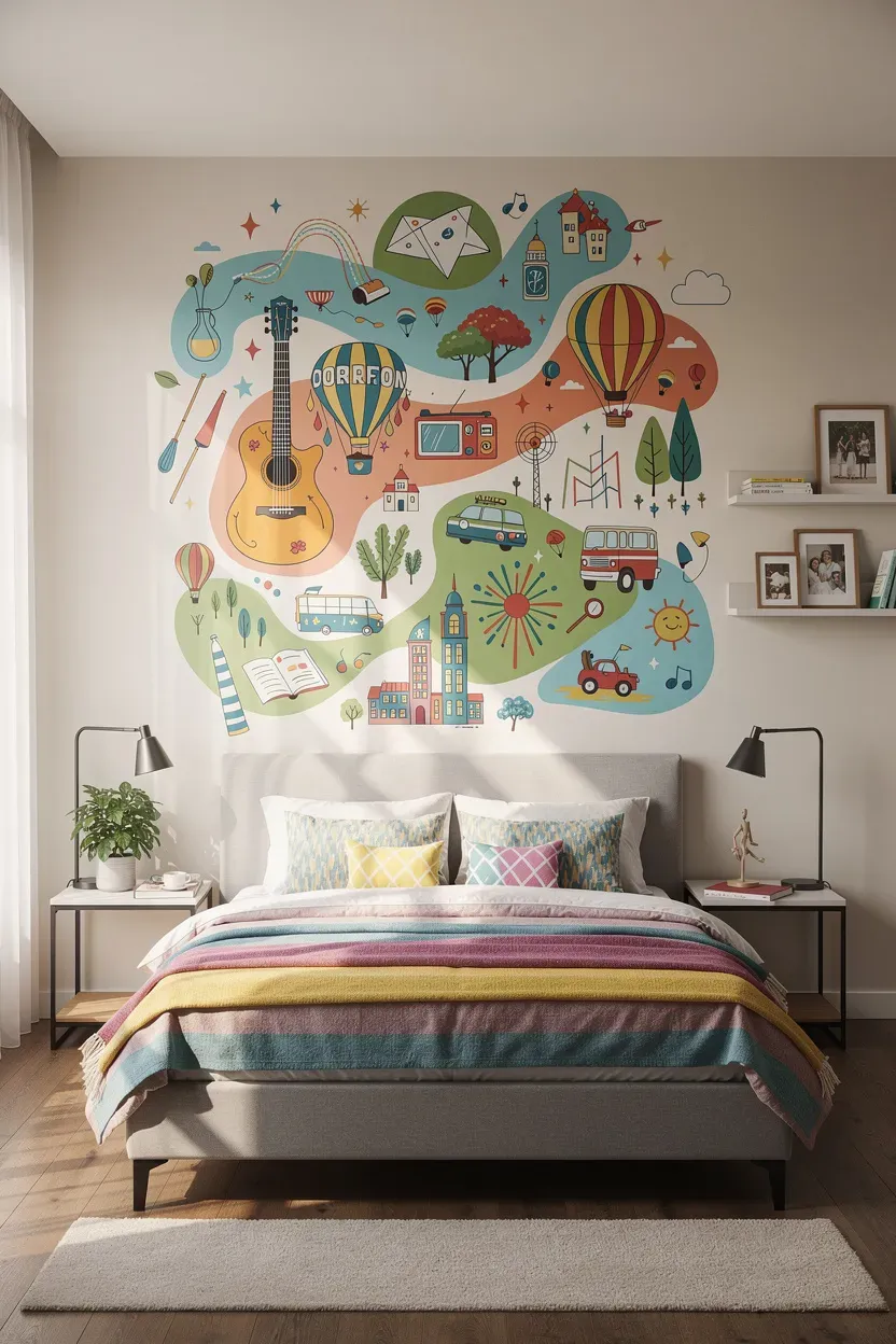 Vibrant bedroom with a colorful mural representing the shared interests of two sisters.