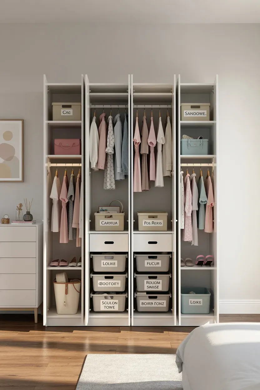 Well-organized shared closet with dividers and labeled sections for two sisters.