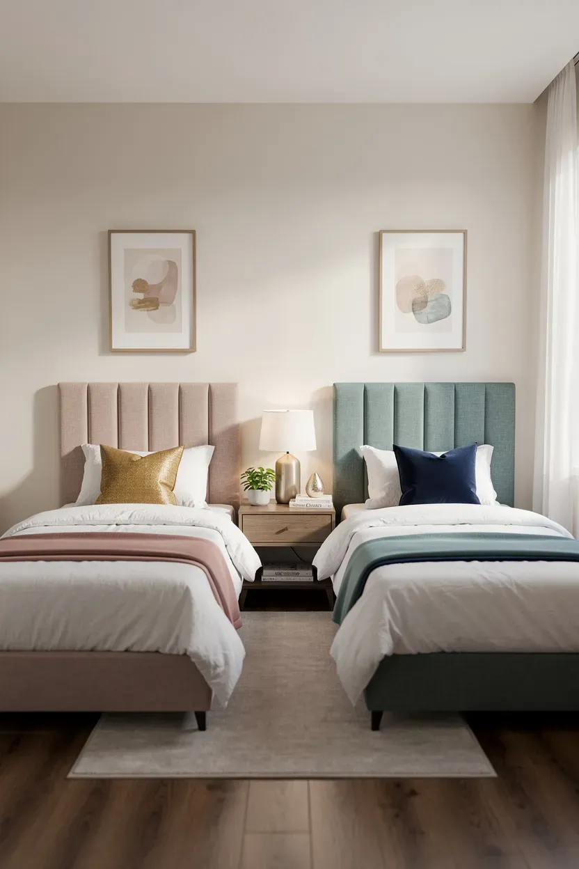 Stylish bedroom with twin beds featuring unique headboards for each sister.