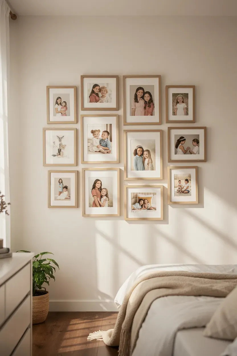 Charming photo gallery wall showcasing memorable moments of two sisters.