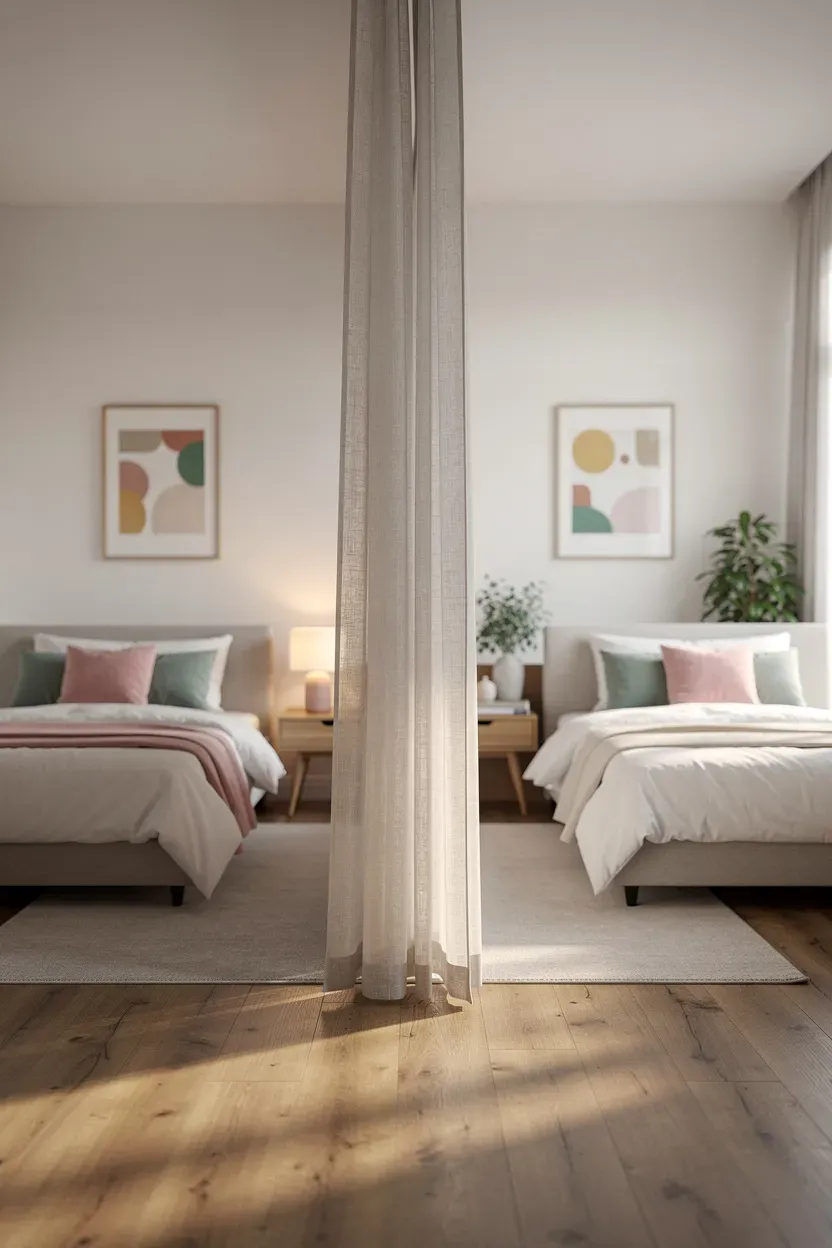 Stylish bedroom featuring elegant room dividers providing privacy for two sisters.