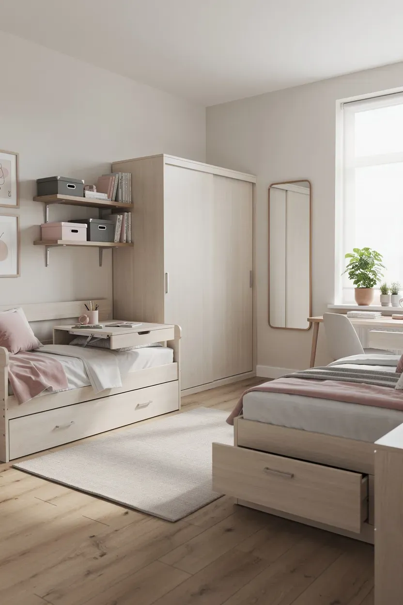 Modern bedroom showcasing multi-functional furniture maximizing space for two sisters.