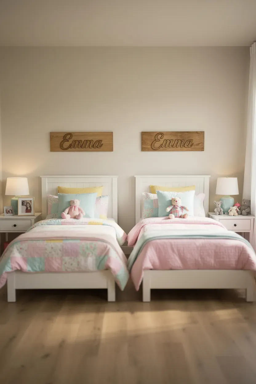 Charming bedroom featuring custom name signs for each sister's side of the room.