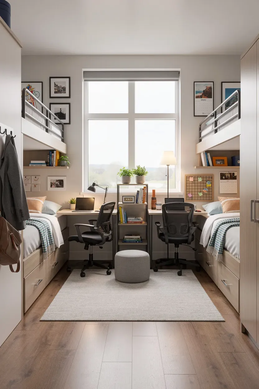 Stylish dorm room featuring a creative layout with lofted beds and a study area.