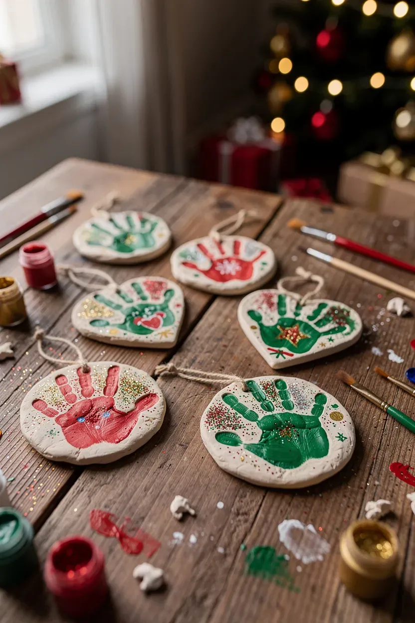 Close-up of colorful handprint ornaments made from clay on a wooden table.