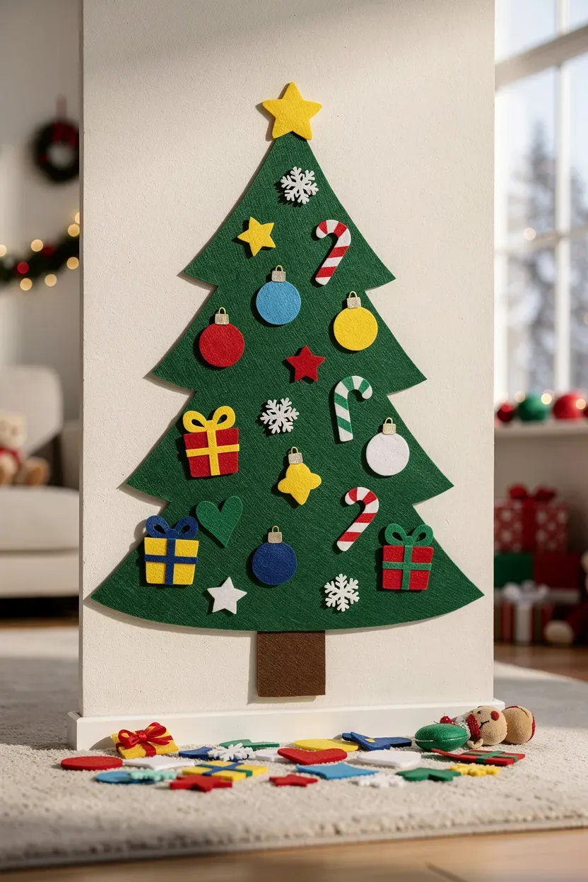 Colorful felt Christmas tree on a wall with various felt shapes in a bright room.