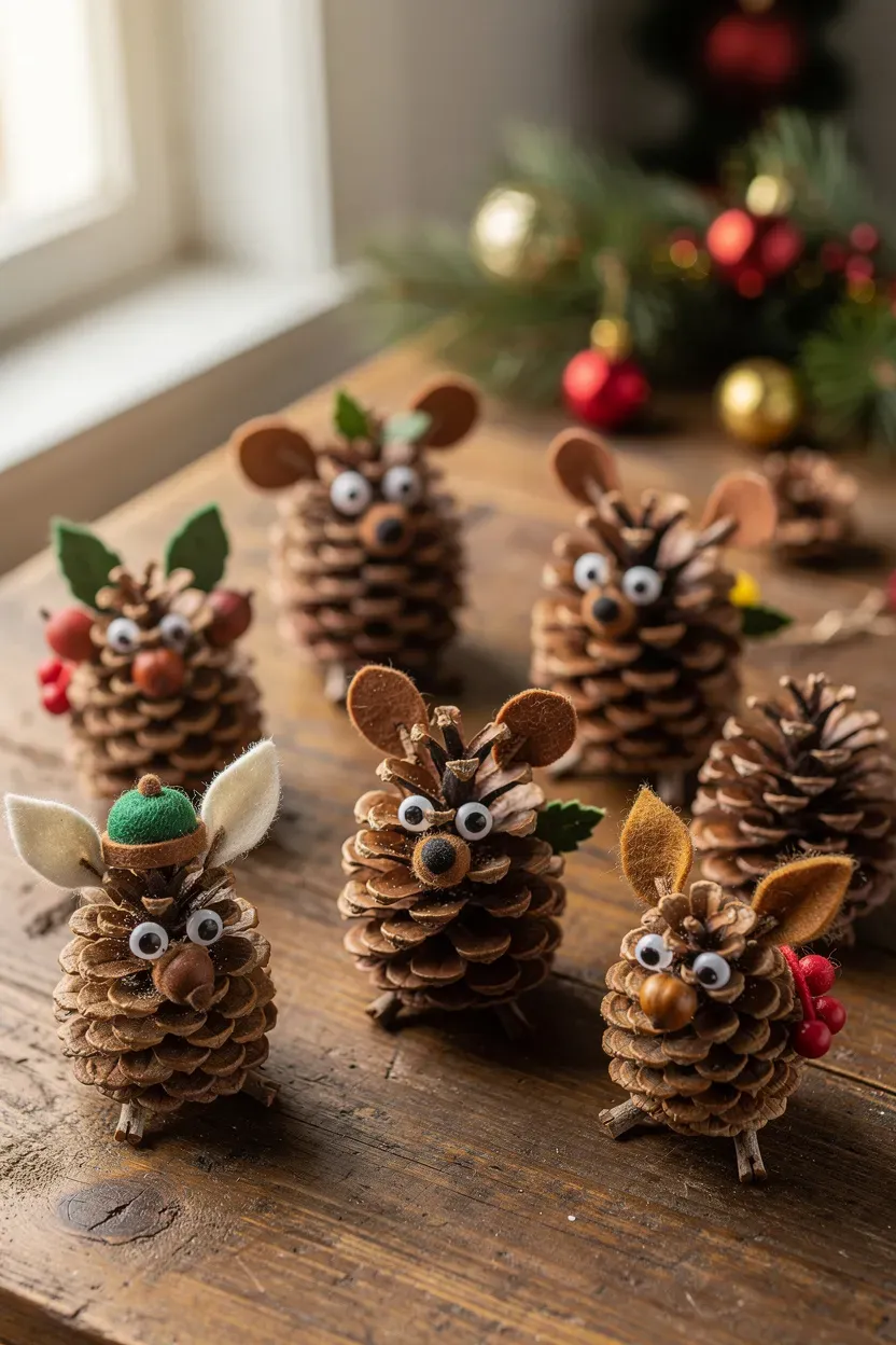 Close-up of charming pinecone critters made with natural materials on a wooden table.