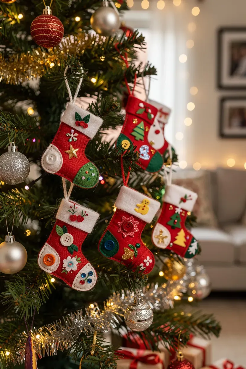 Miniature stockings hanging from a beautifully decorated Christmas tree.