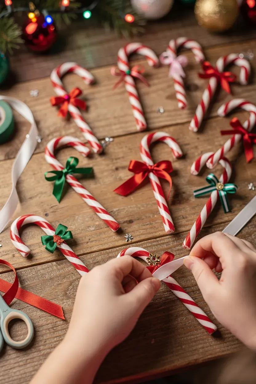 Close-up of candy canes wrapped in ribbons on a wooden table.