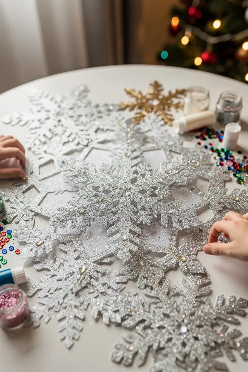 Close-up of glittery snowflake cutouts on a crafting table.