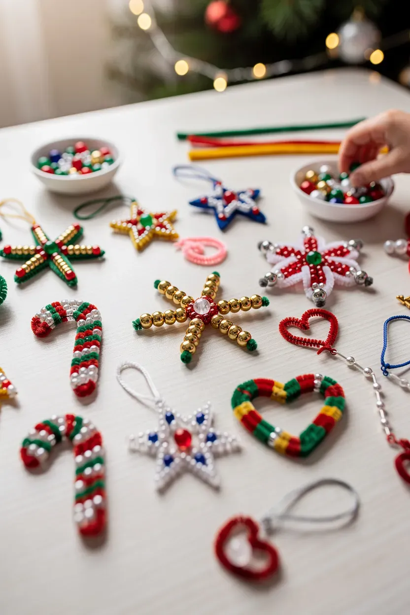 Colorful bead and pipe cleaner ornaments displayed on a crafting table.