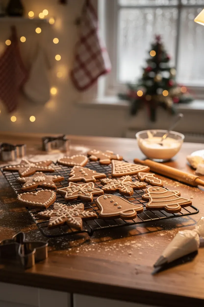 Homemade gingerbread ornaments cooling on a rack in a cozy kitchen.