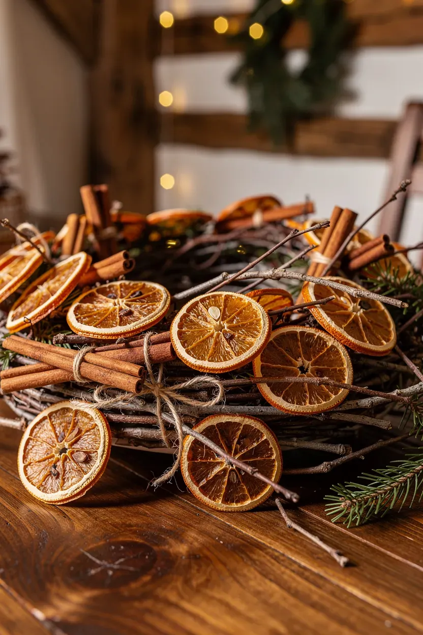 Nature-inspired decorations made from dried orange slices and cinnamon sticks on a wooden table.