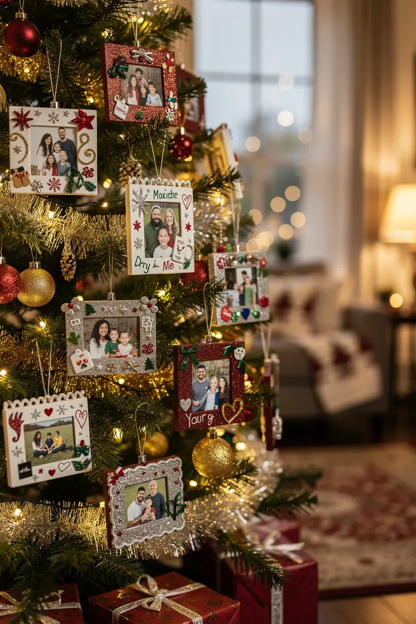 Photo frame ornaments hanging on a beautifully decorated Christmas tree.