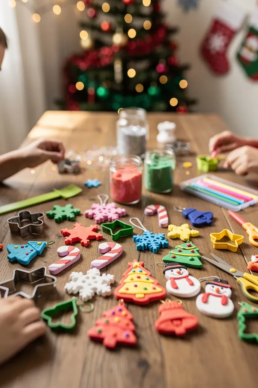 Colorful play-dough ornaments displayed on a crafting table.