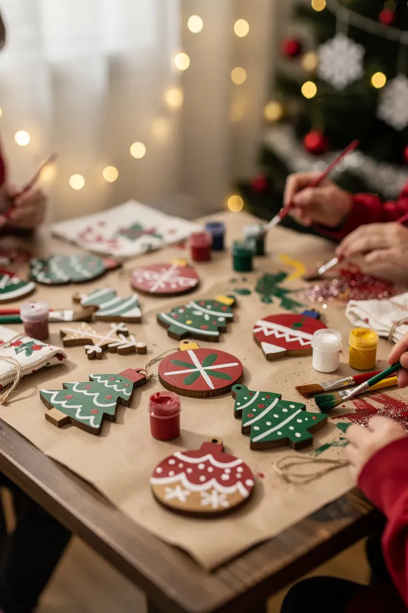 Painted wooden ornaments displayed on a crafting table.