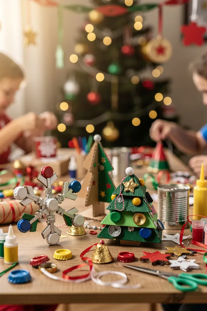 Creative recycled material decorations displayed on a crafting table.
