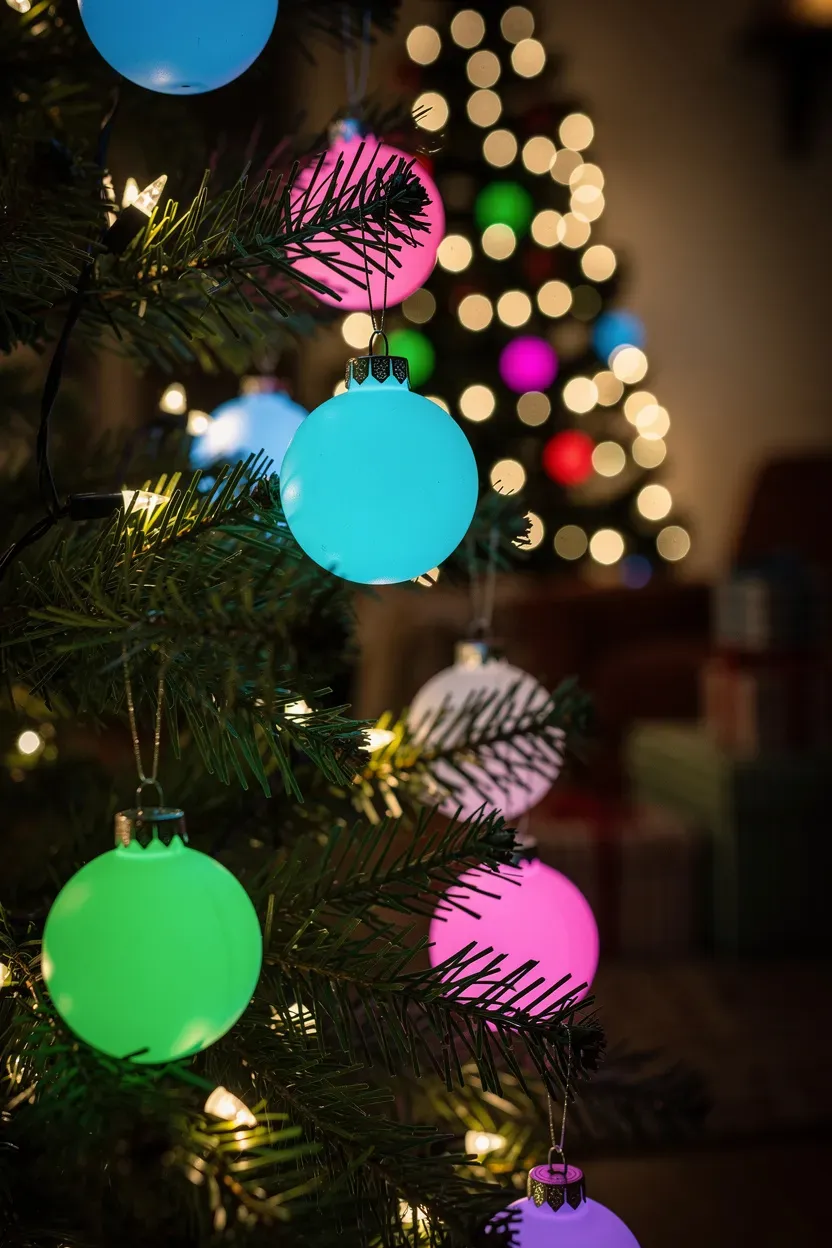 Close-up of glow-in-the-dark ornaments on a Christmas tree in a dimly lit room.