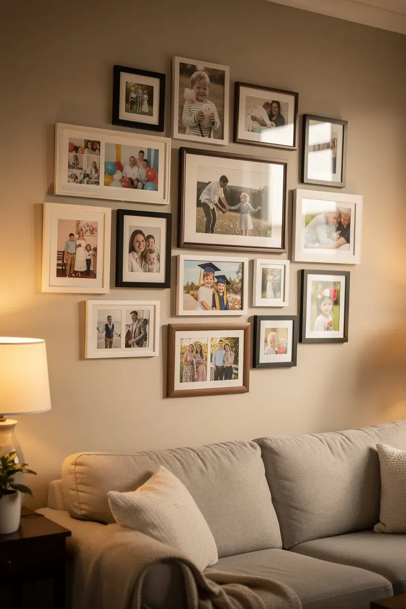 Mixed gallery wall displaying family photos and milestones in a cozy living room.