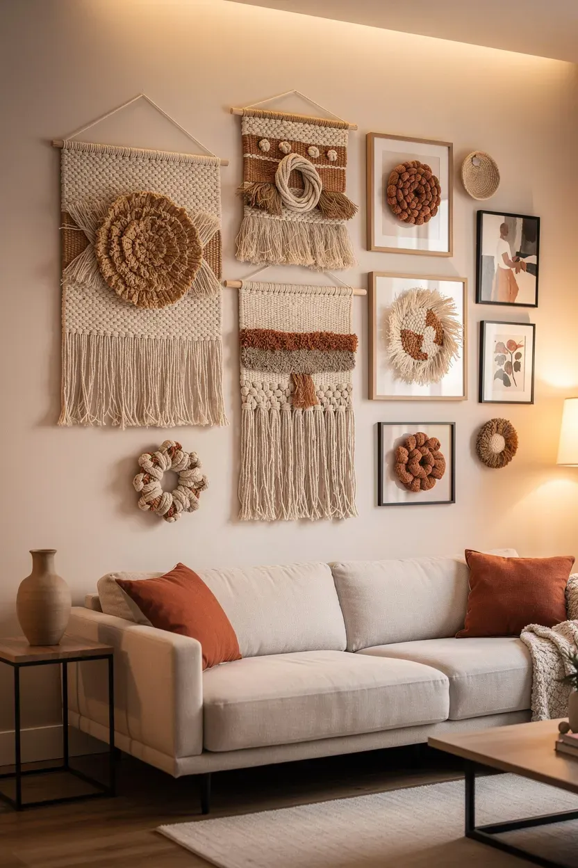 Gallery wall featuring various textured art pieces, including fabric and three-dimensional artworks.
