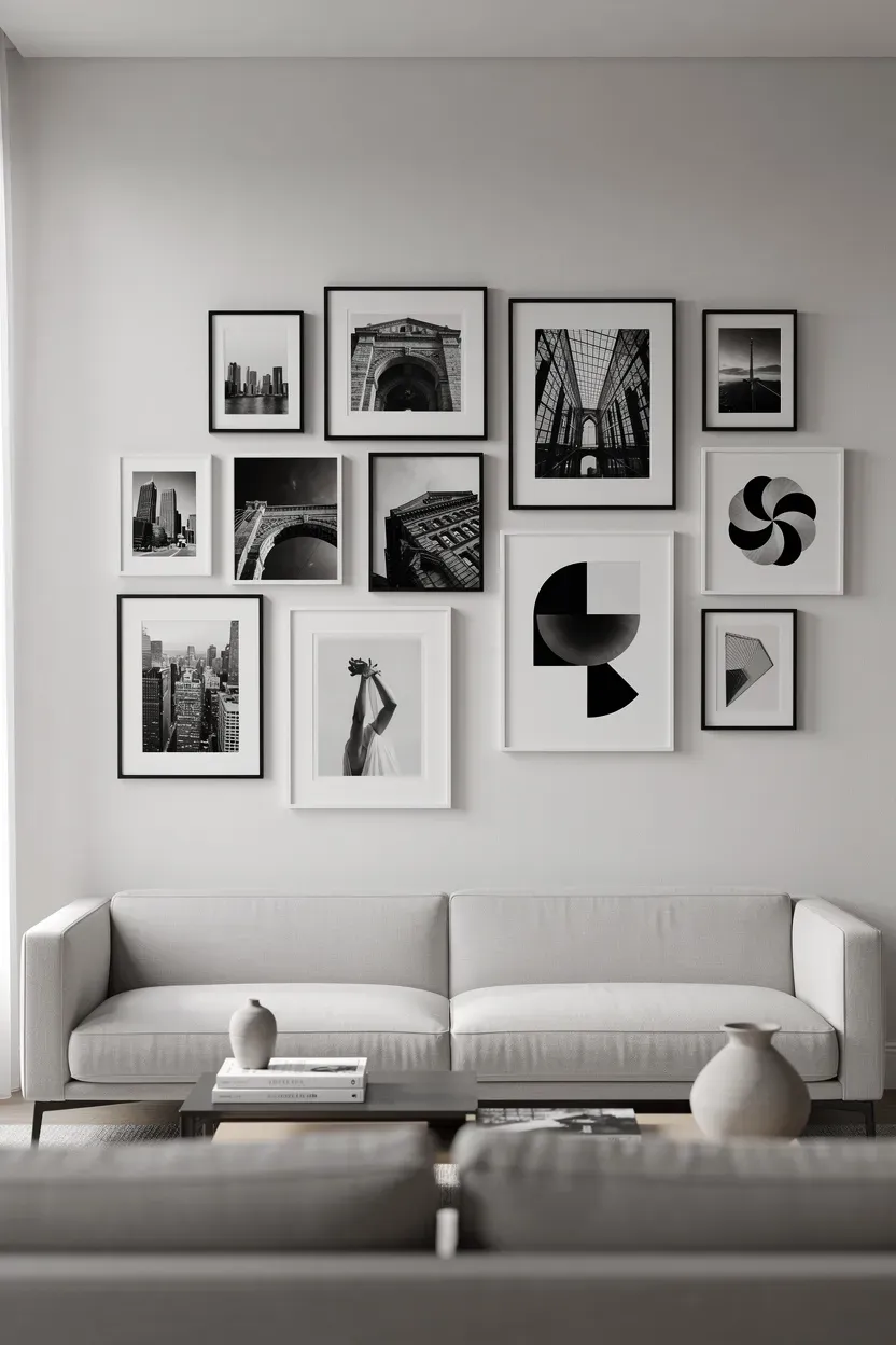 Gallery wall displaying a collection of black and white photographs and artworks.