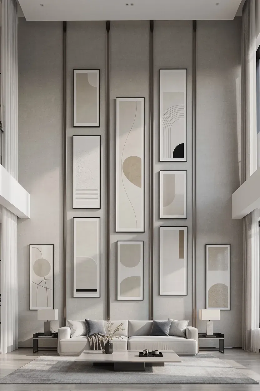 Floor-to-ceiling gallery wall featuring tall frames and vertical panels.