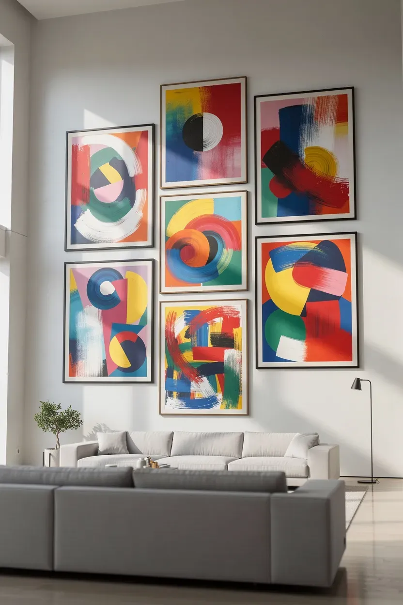 Gallery wall with large colorful artworks framed in oversized frames.