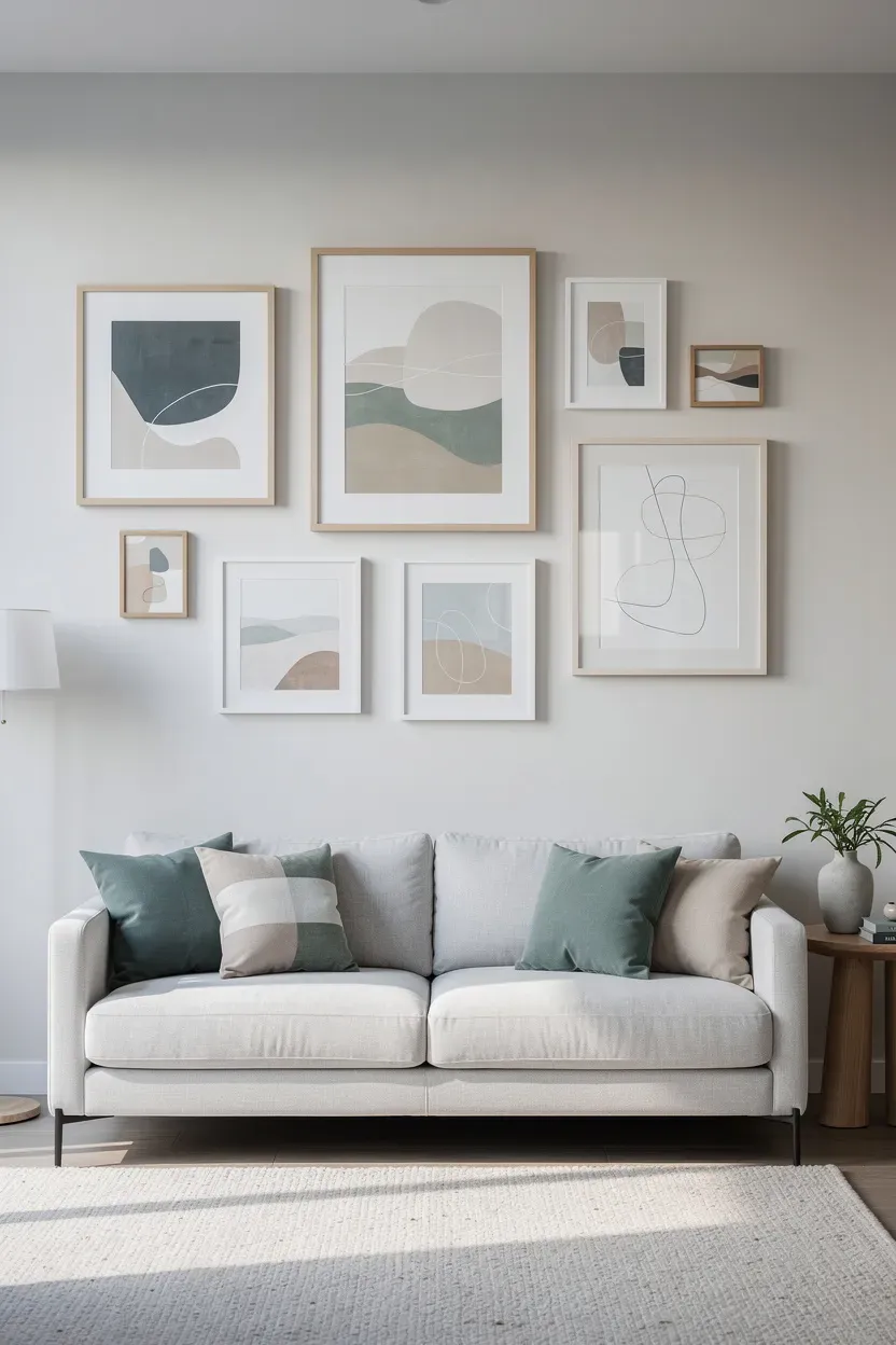 Gallery wall above a couch featuring artworks with a consistent color palette.