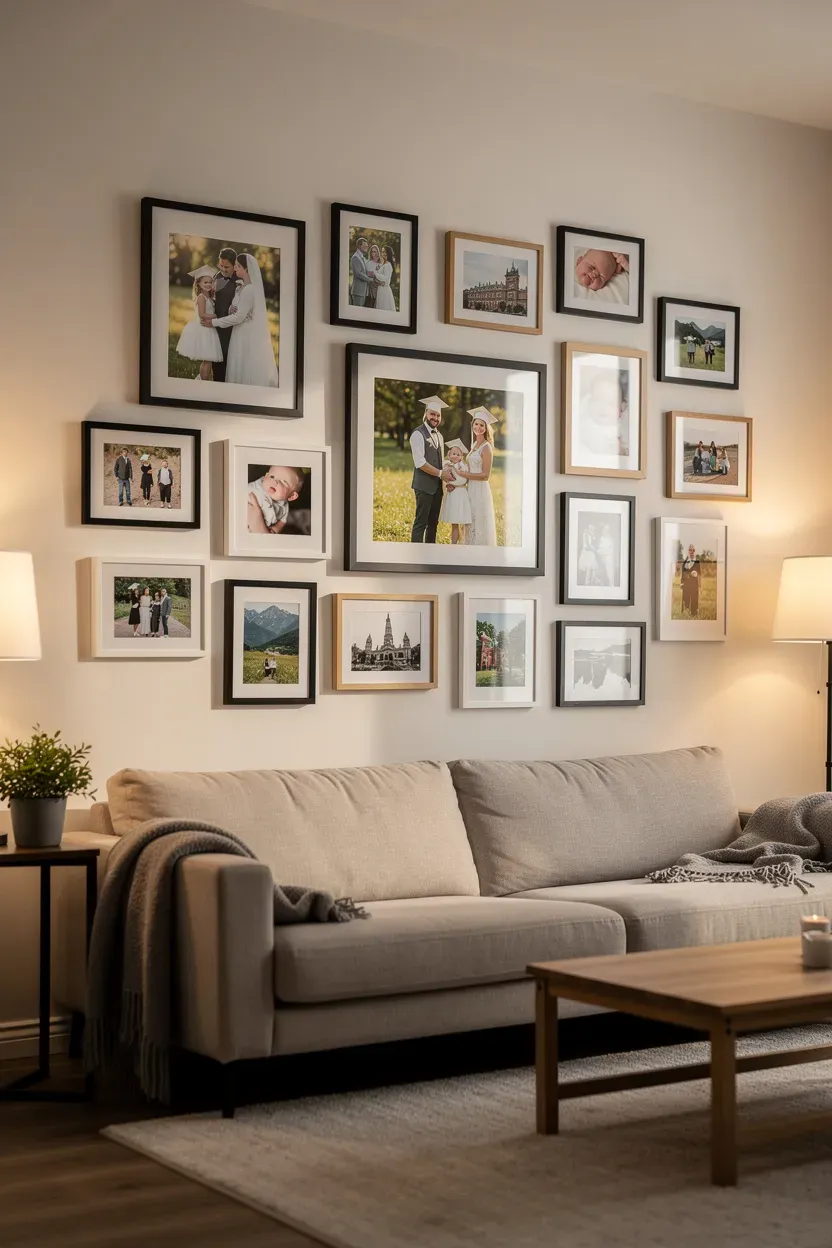 Family gallery wall showcasing milestone photographs in a cozy living room.
