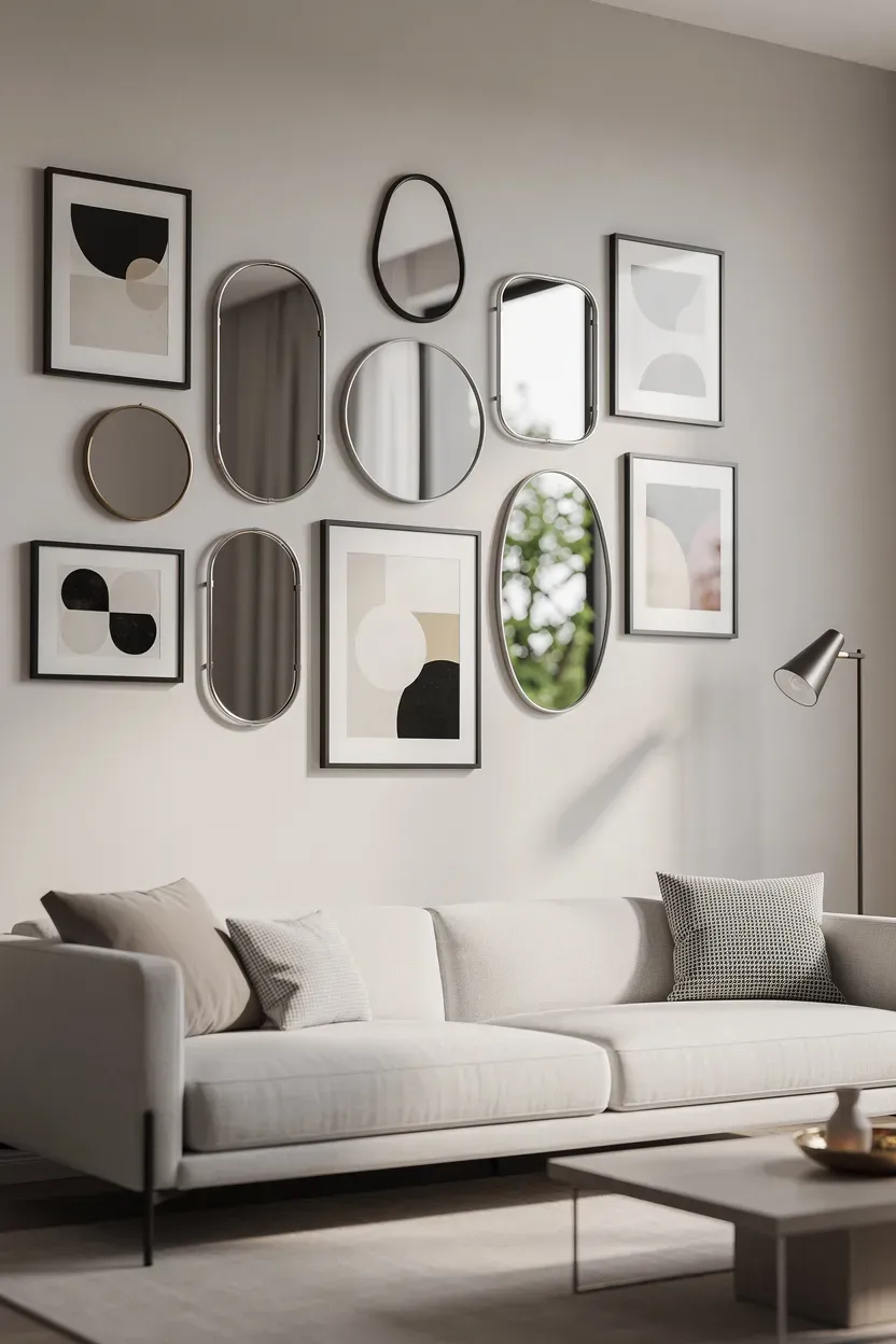 Gallery wall combining mirrors and artwork in a contemporary living room.