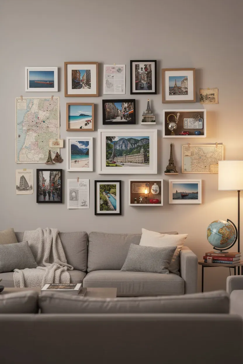 Gallery wall showcasing travel memories with photographs and souvenirs.