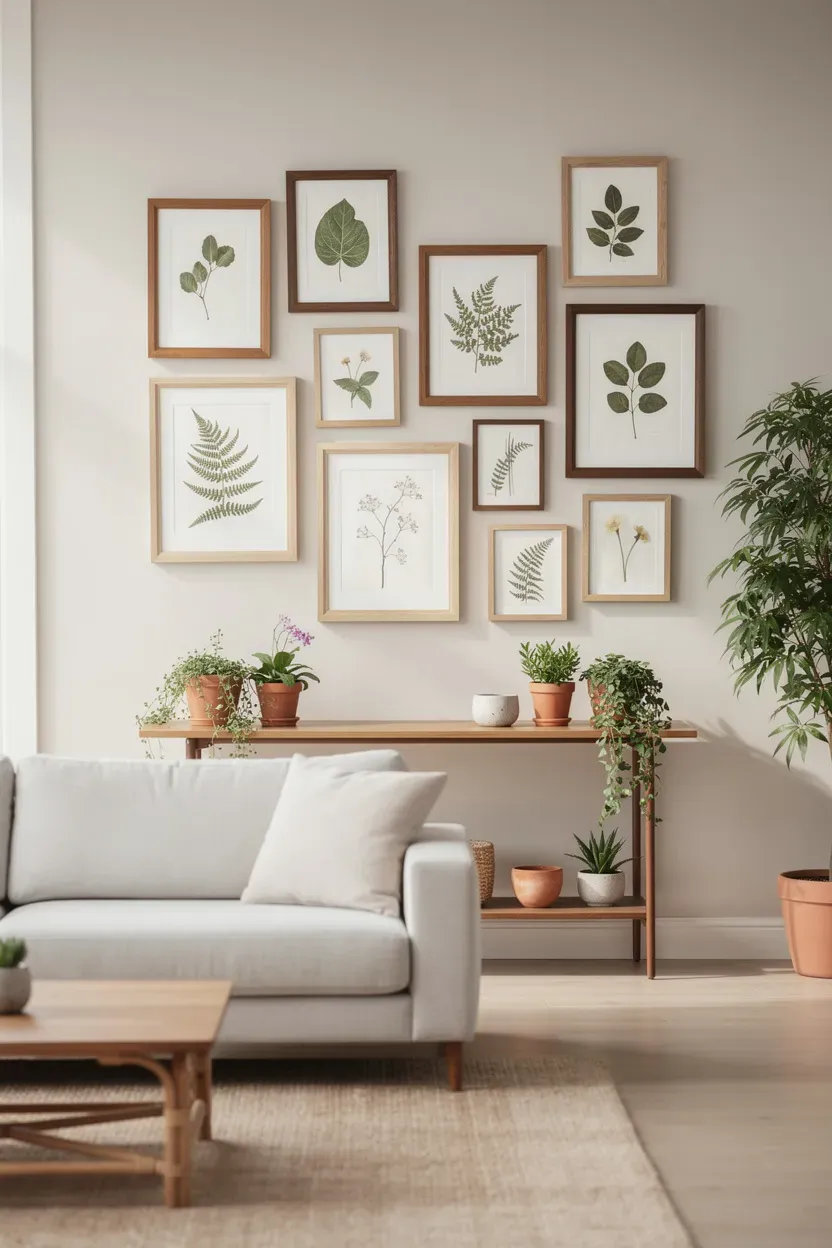 Gallery wall incorporating wooden frames and botanical prints in a cozy living room.