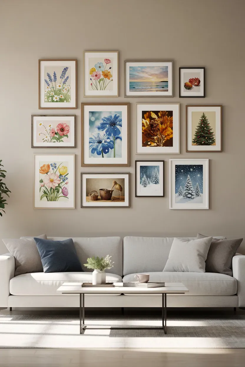 Gallery wall designed for seasonal artwork swaps in a stylish living room.