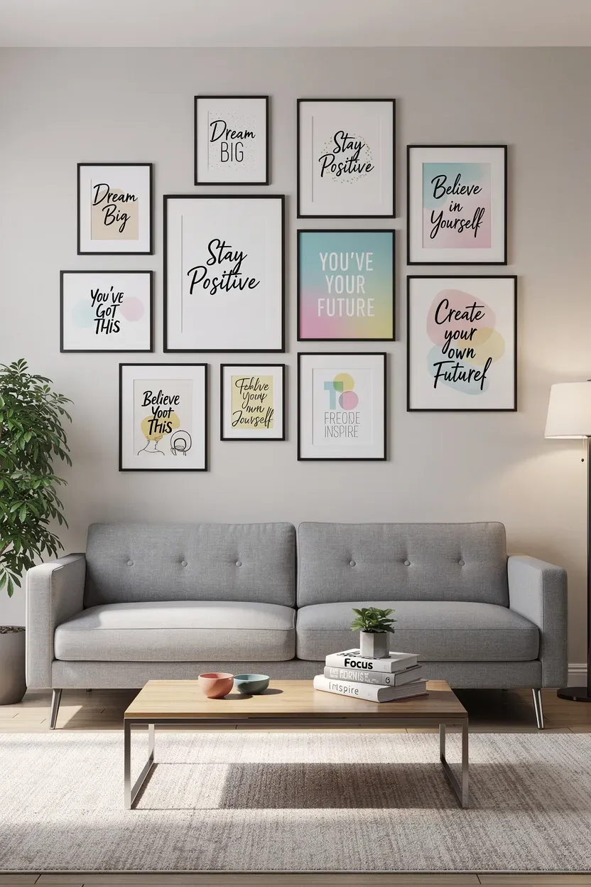 Gallery wall featuring typography art and inspirational quotes in a contemporary living room.