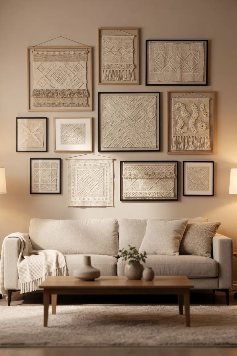 Gallery wall featuring framed fabric and textile art in a cozy living room.