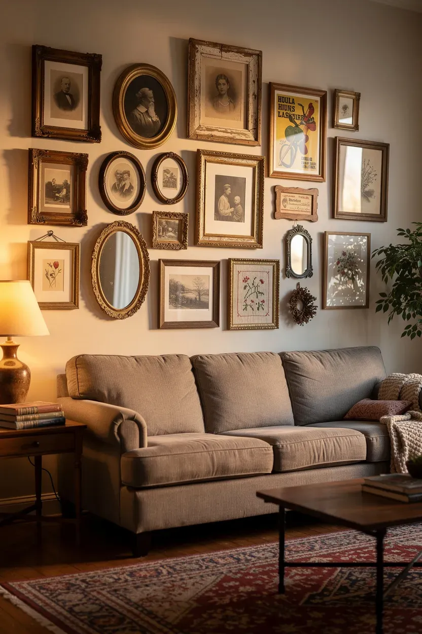 Gallery wall filled with vintage finds and thrifted items in a cozy living room.