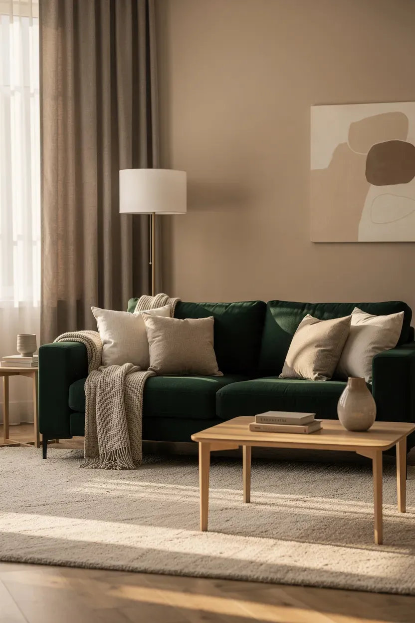 A living room featuring a dark green sofa with neutral decor, creating a cozy atmosphere.