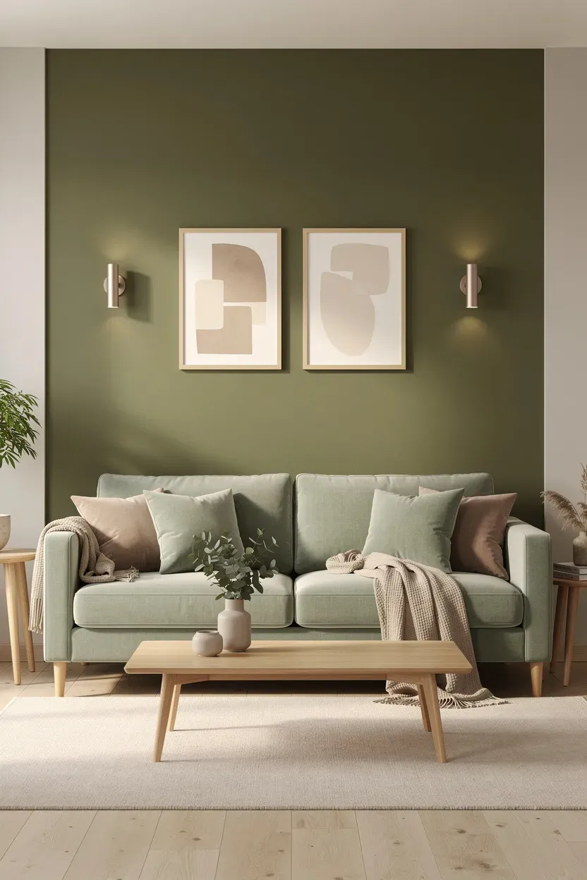 A living room with an olive green accent wall framing a light green sofa.