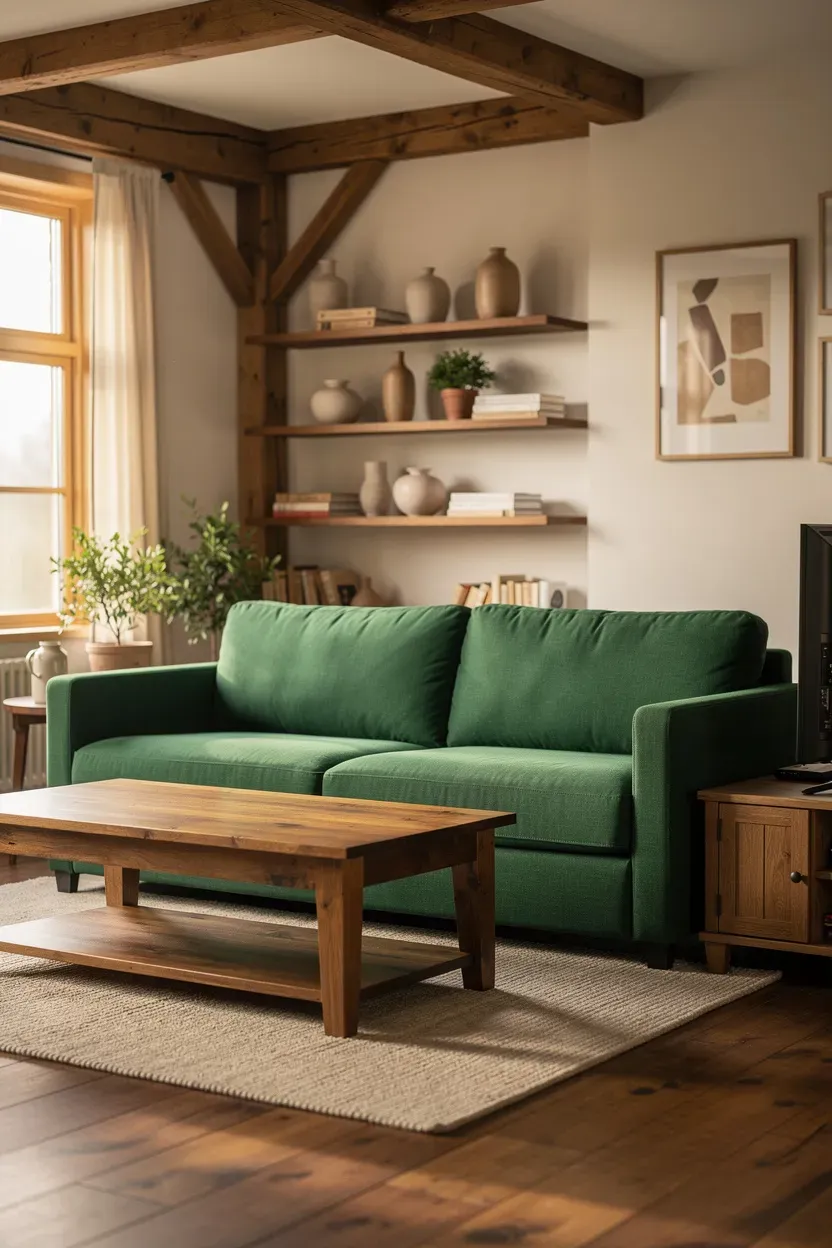 A rustic living room with a green couch and warm wood furniture.