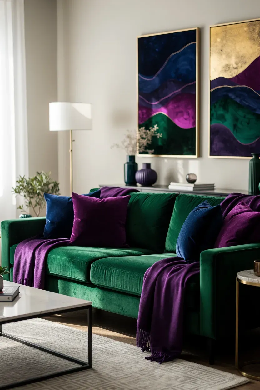 A living room with a green sofa and vibrant jewel-toned decor.